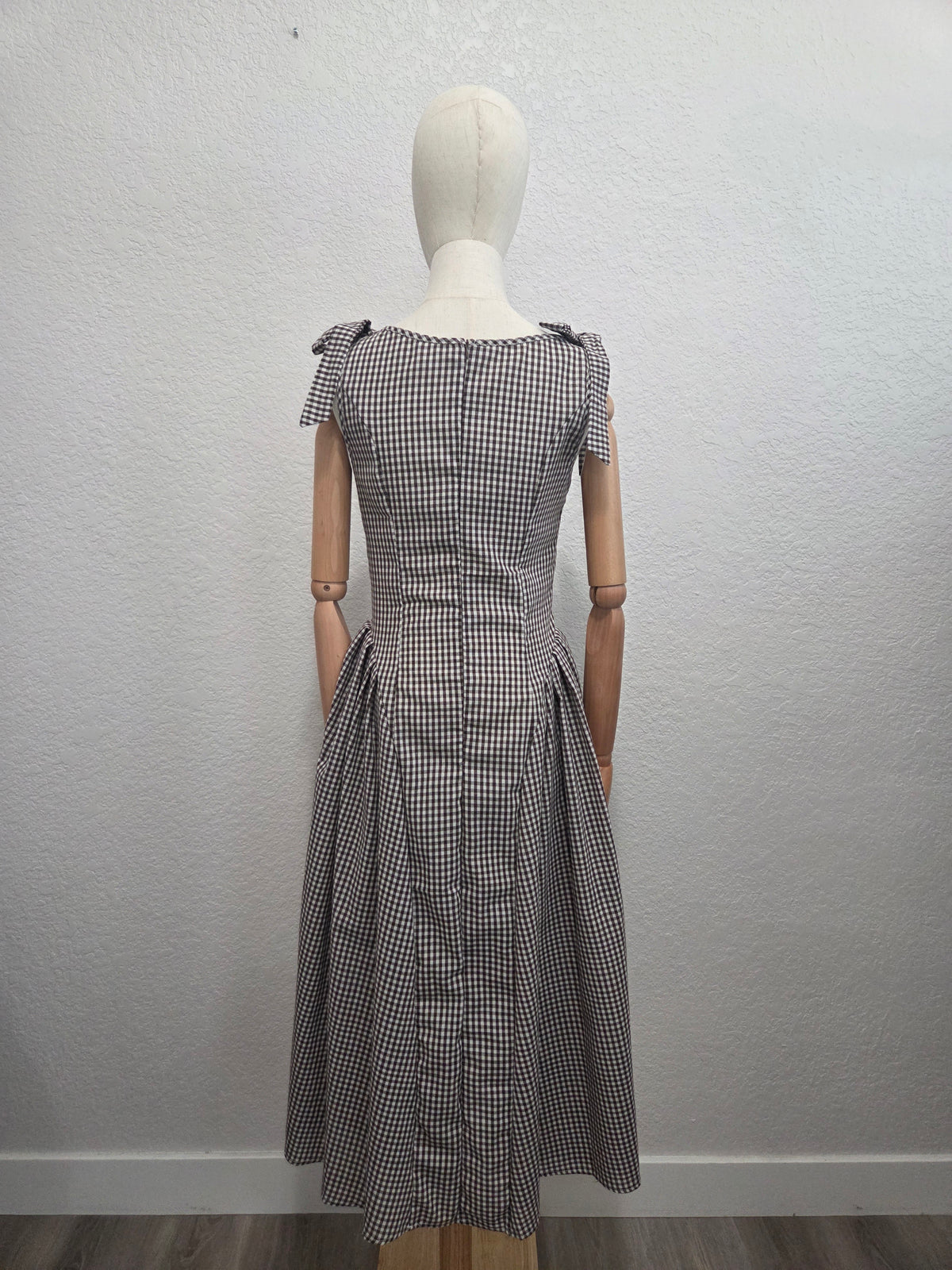 Brown Gingham Tie-Shoulder Midi Dress