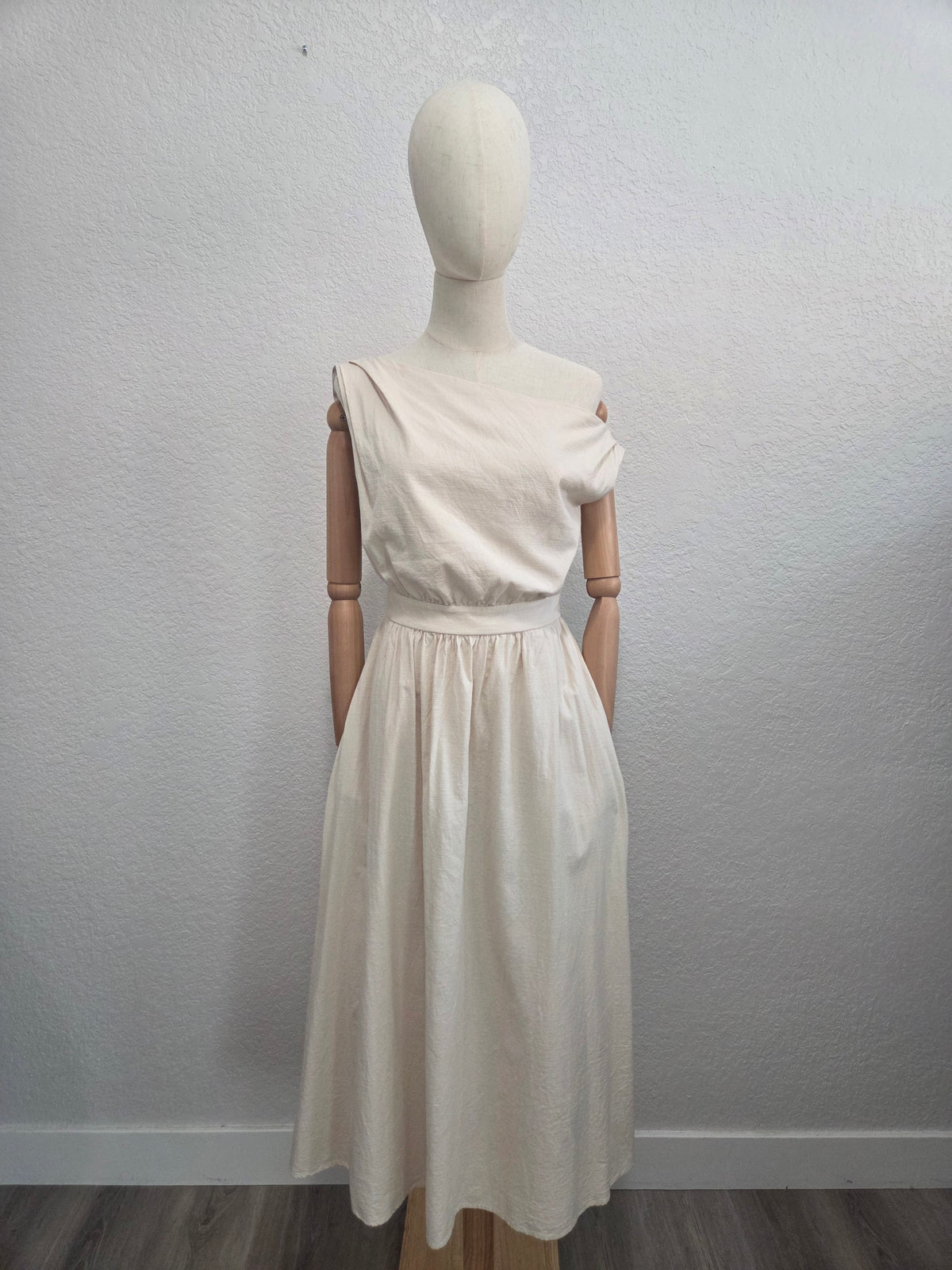 Cotton-Blend Asymmetrical Neck Midi Dress