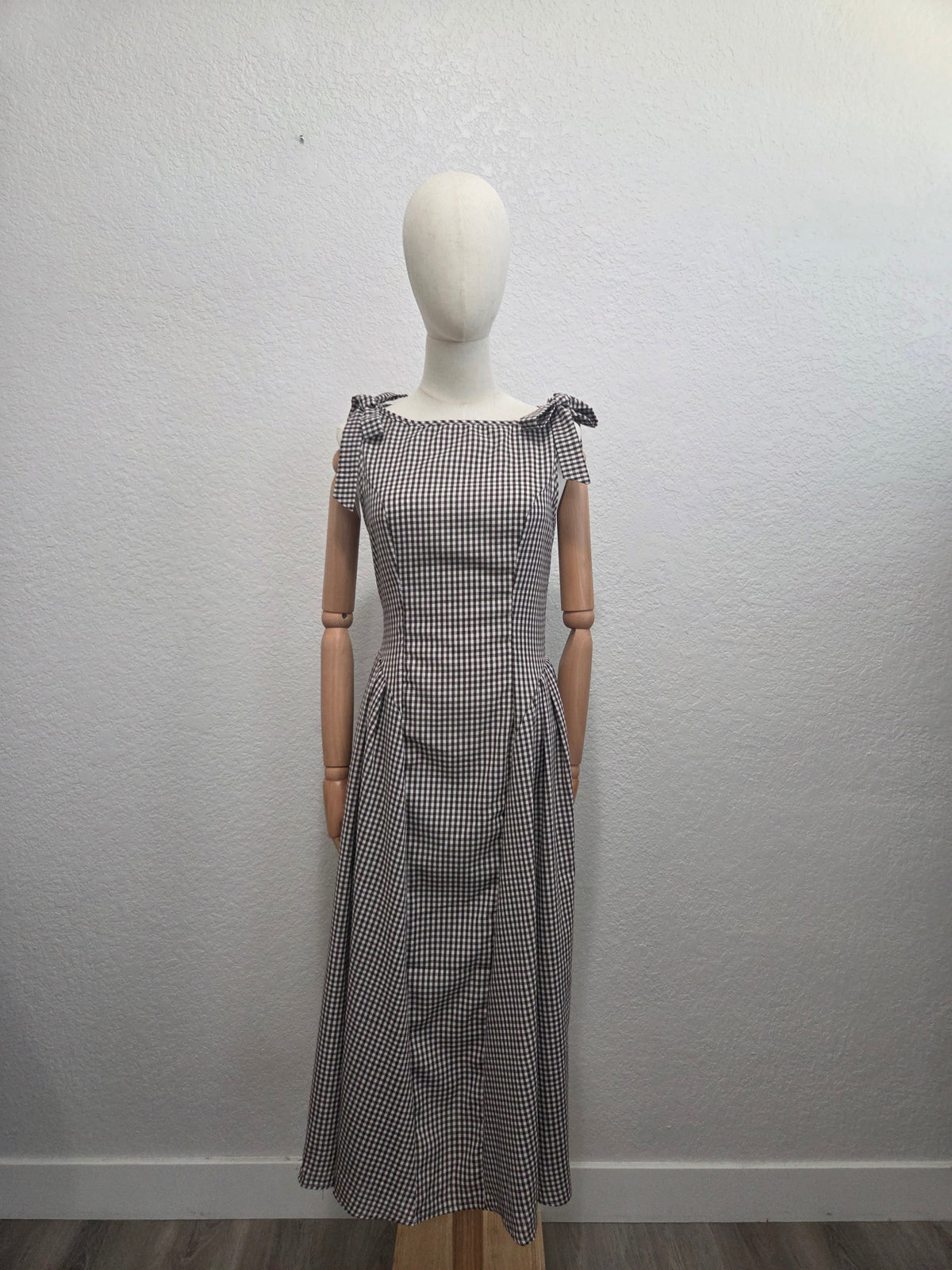 Brown Gingham Tie-Shoulder Midi Dress
