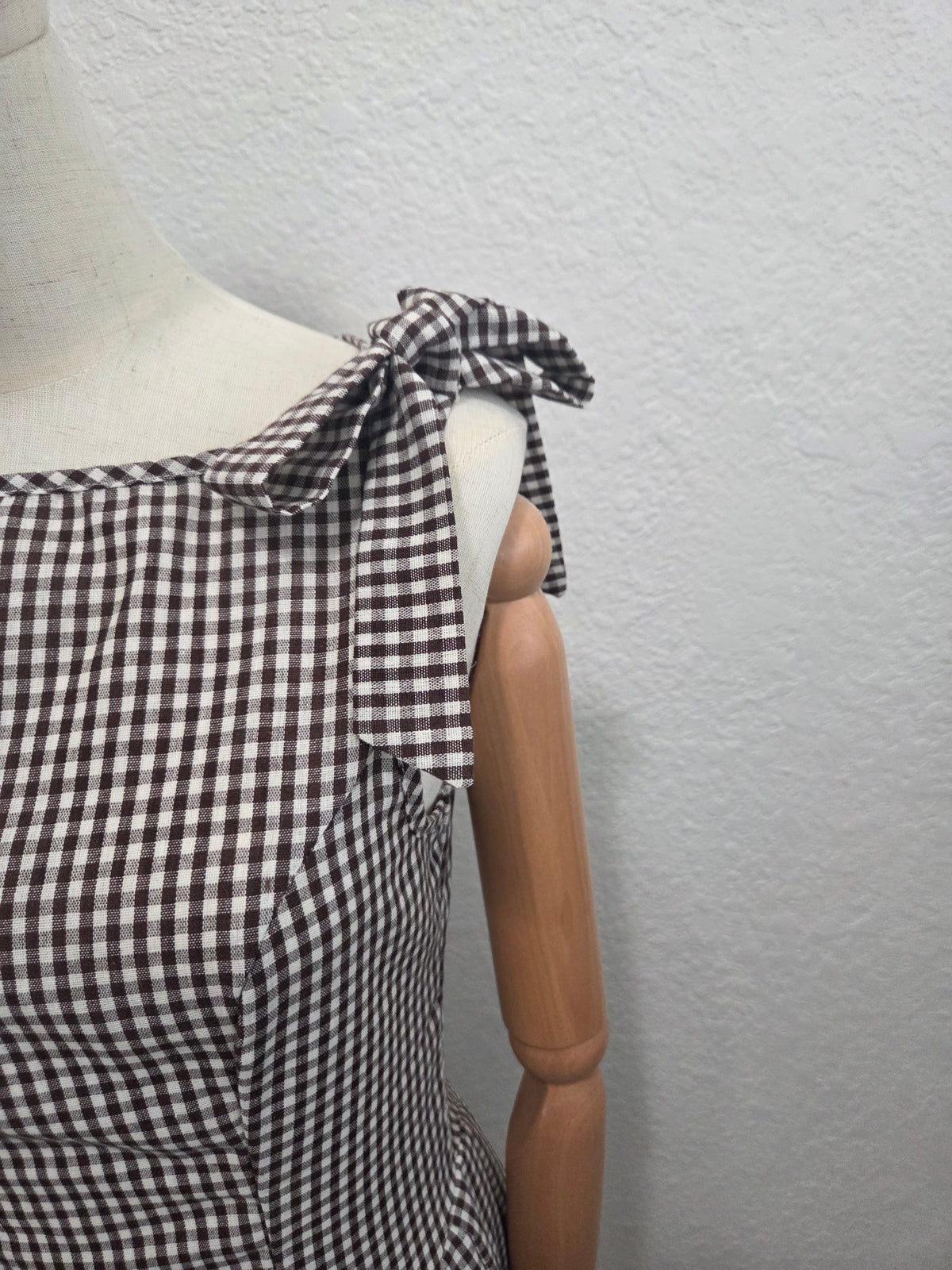 Brown Gingham Tie-Shoulder Midi Dress