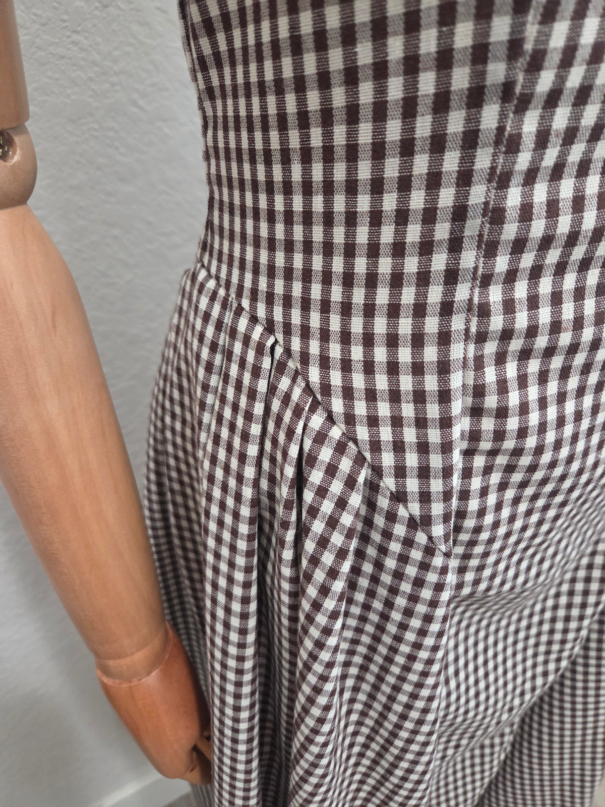 Brown Gingham Tie-Shoulder Midi Dress