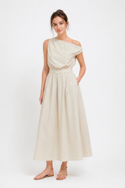 Cotton-Blend Asymmetrical Neck Midi Dress