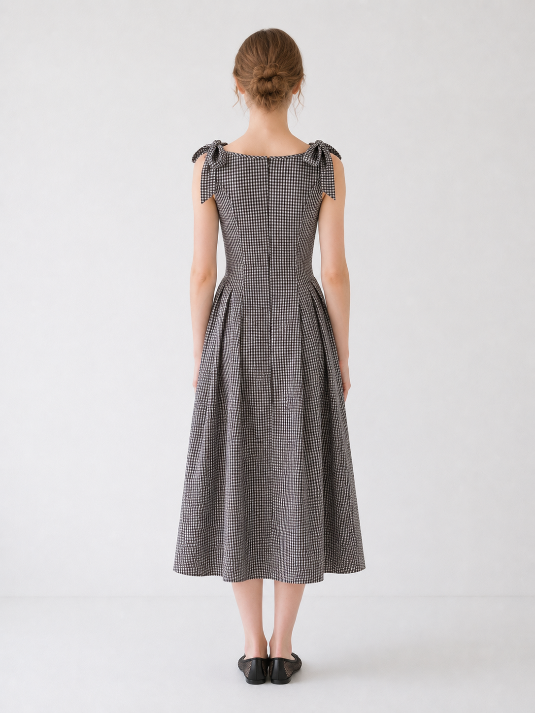 Brown Gingham Tie-Shoulder Midi Dress