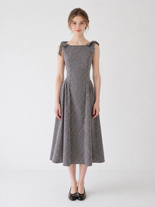 Brown Gingham Tie-Shoulder Midi Dress