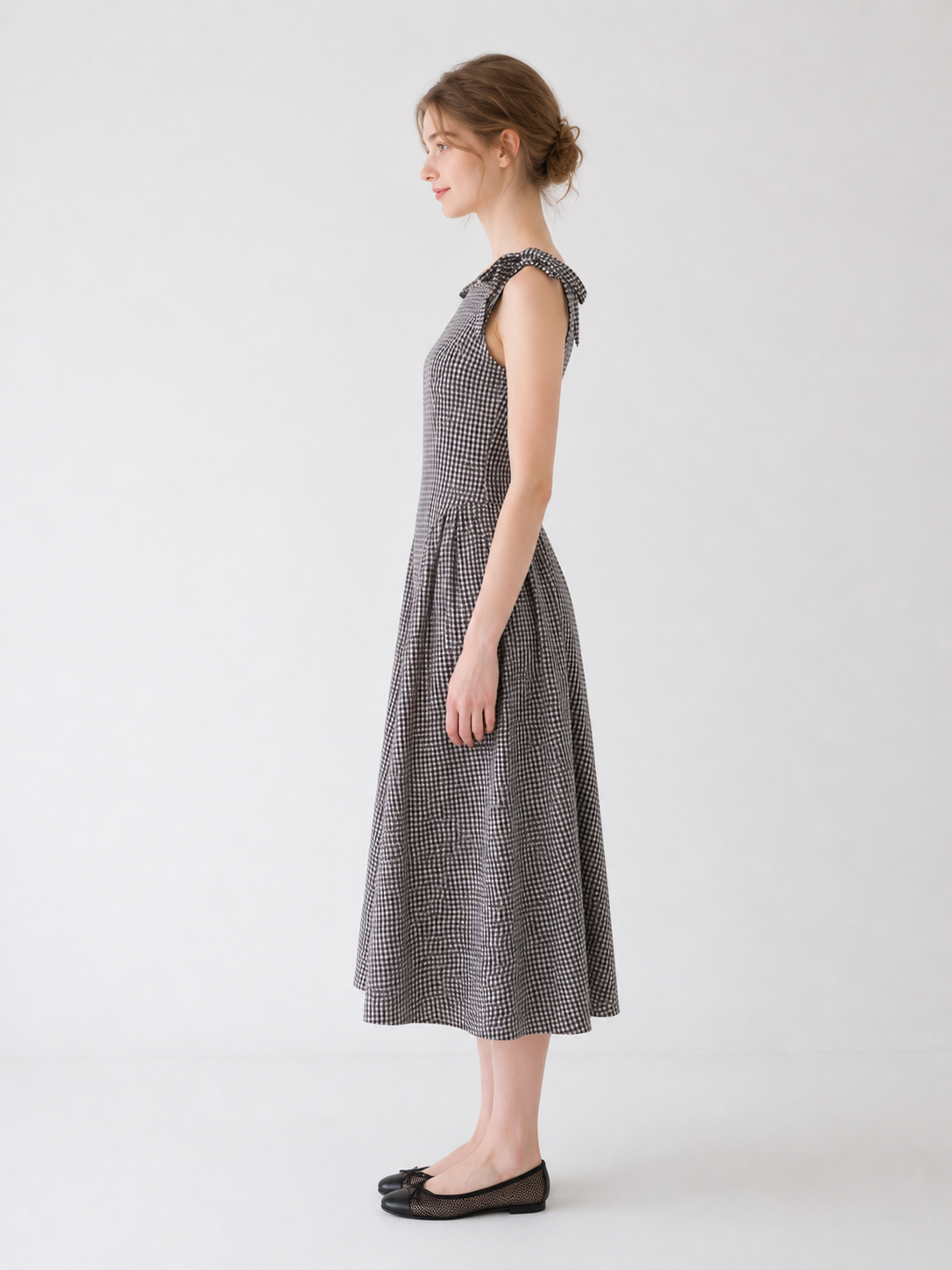 Brown Gingham Tie-Shoulder Midi Dress